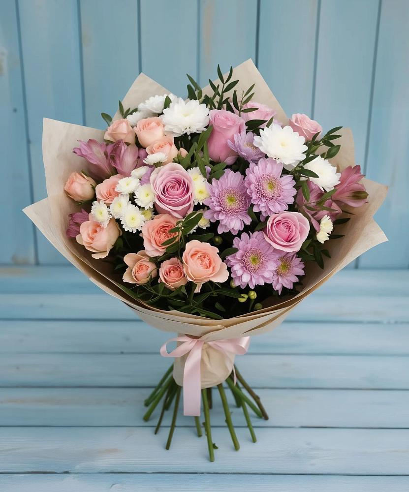 Букет цветов из: Хризантемы, Розы и Альстромерии в Кысыл-Сыре