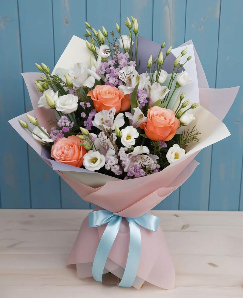 Букет цветов из: Лизиантусы, Розы, Альстромерии и Гипсофила в Кысыл-Сыре
