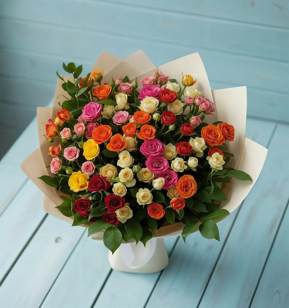 Букет Микс из разноцветных кустовых роз в Кысыл-Сыре