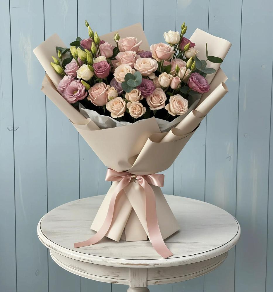 Букет цветов из: Розы и Лизиантусы в Кысыл-Сыре